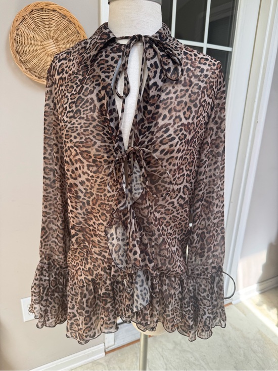 Zara Tops - NWT Zara Leopard Print Sheer Ruffle Tie Front Blouse Bell Sleeve Top Brown L